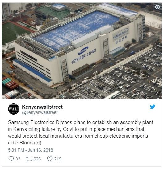 Kenyanwallstreet kenyanwalstreet samsung electronics ditches plans to establish