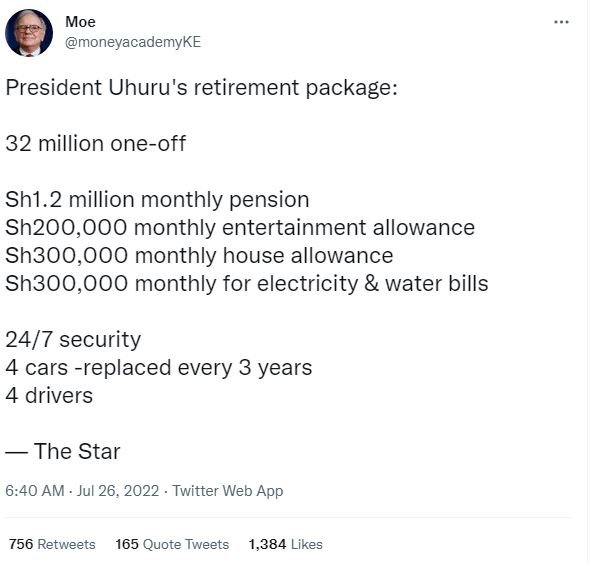 Moe moneyacademyke president uhuru's retirement package 32 million oneoff sh1.2