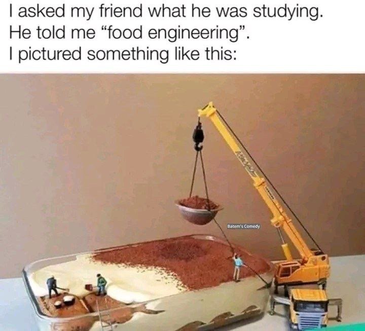 Asked my friend what he was studying. he told me food engineering . pictured som
