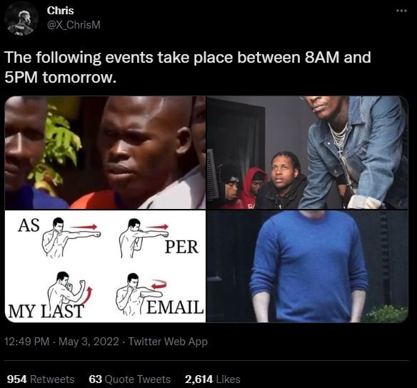 Chris x_chrism the following events take place between 8am and 5pm tomorrow. as