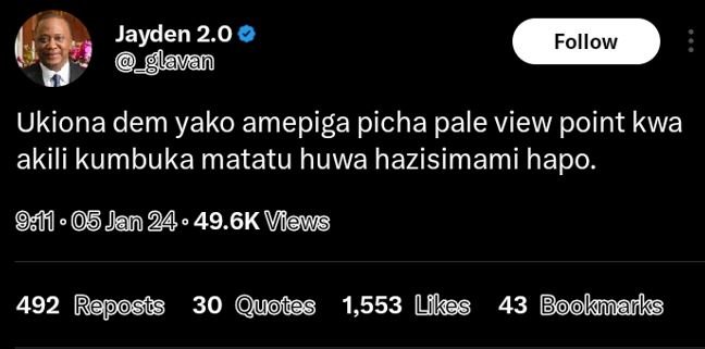Jayden 2.0 lavan follow ukiona dem yako amepiga picha pale view point kwa akili