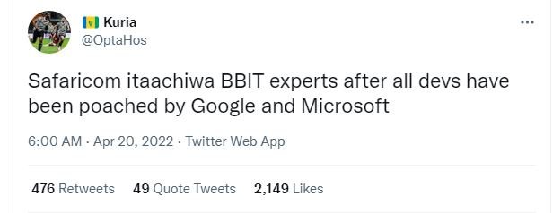 Kuria optahos safaricom itaachiwa bbit experts after all devs have been poached