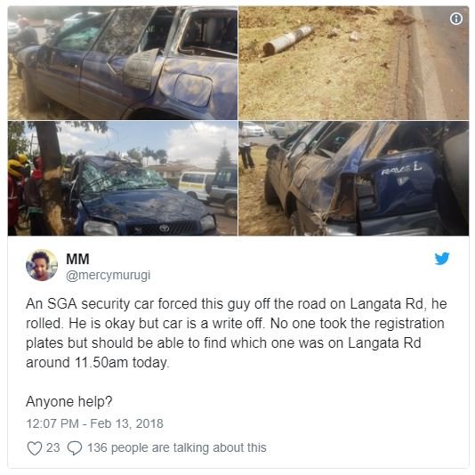 Mm mercymurugi an sga security car forced this guy off the road on langata rd he