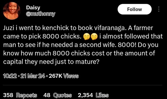 Daisy muthonny follow juzi i went to kenchick to book vifaranaga. a farmer came