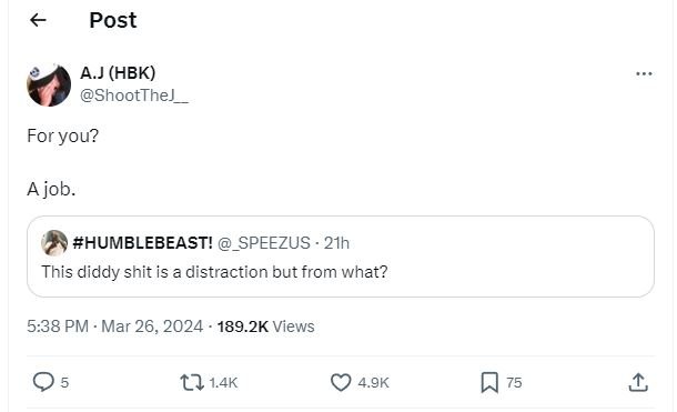 Post a.j hbk shootthe for you? a job. humblebeast! _speezus 21h this diddy shit