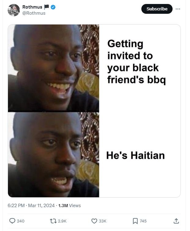 Rothmus rothmus subscribe getting invited to your black friend's bbq he's haitia