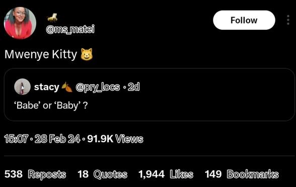 Follow ns_matai mwenye kitty stacy upry_locs 2d 'babe' or 'baby' ? 28 feb 24 91.