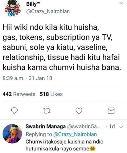 Billy crazy_nairobian hii wiki ndo kila kitu huisha, gas, tokens subscription ya