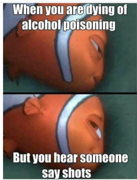 When you aredying of alcohol poisoning but you hear someone sayshots