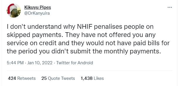 Kikuyu Pipes DrKanyuira don't understand why NHIF penalises people on skipped pa