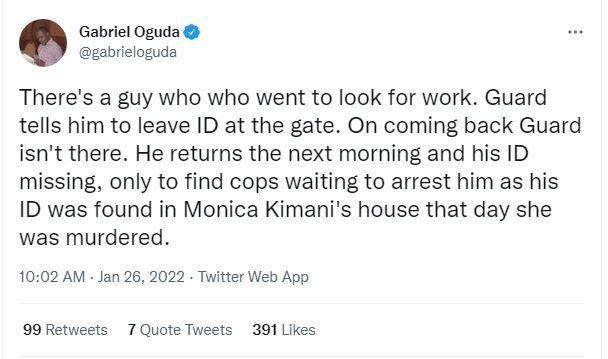 Gabriel Oguda gabrieloguda There's a guy who who went to look for work. Guard te