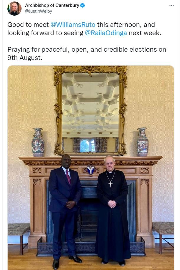 Archbishop of canterbury justinwelby good to meet williamsruto this afternoon an