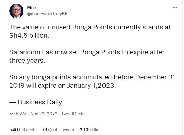 Moe moneyacademyke the value of unused bonga points currently stands at sh4.5 bi
