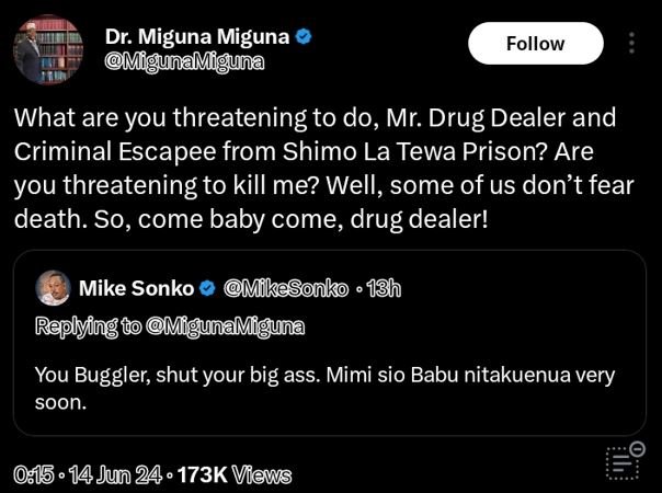 Dr. miguna miguna migunamiguna follow what are you threatening to do, mr. drug d