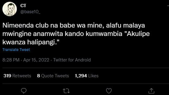 Ct base1o nimeenda club na babe wa mine, alafu malaya mwingine anamwita kando ku