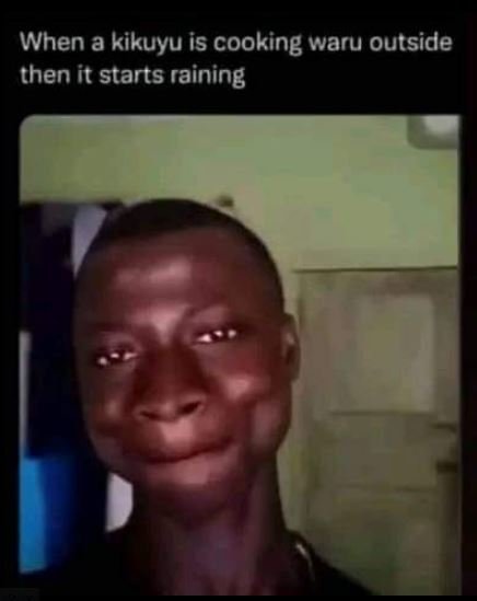 When a kikuyu is cooking waru outside then it starts raining
