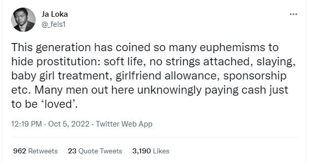 Ja loka felsi this generation has coined so many euphemisms to hide prostitution
