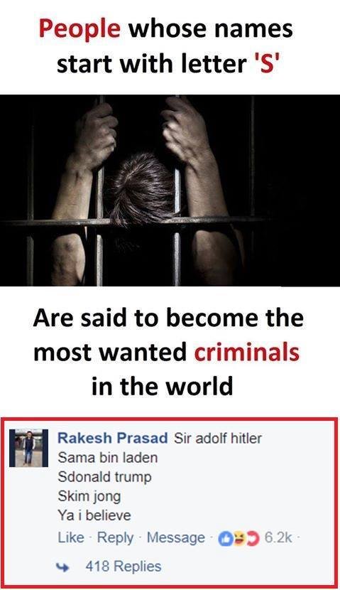 People whose names start with letter 's' are said to become the most wanted crim