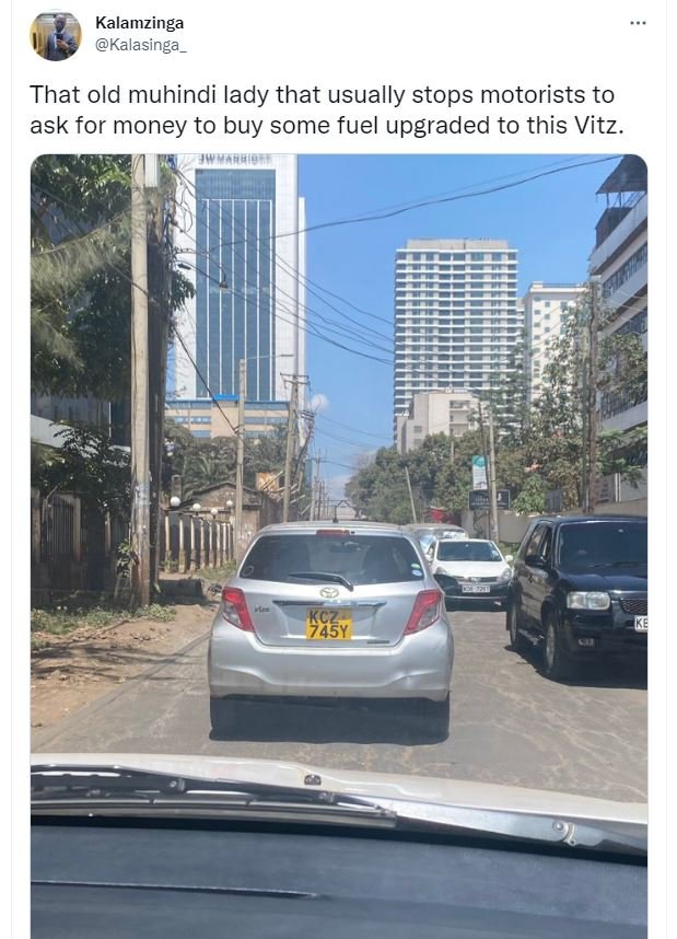 Kalamzinga kalasinga that old muhindi lady that usually stops motorists to ask f