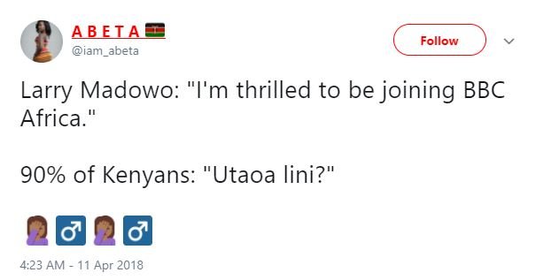 Abela iam_abeta follow larry madowo i'm thrilled to be joining bbc africa. 90 of