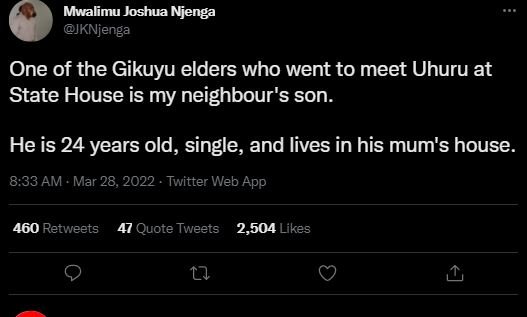 Mwalimu joshua njenga jknjenga one of the gikuyu elders who went to meet uhuru a