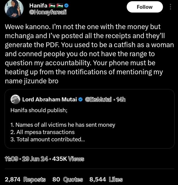 Hanifa honeyfarsaf follow wewe kanono. lm not the one with the money but mchanga