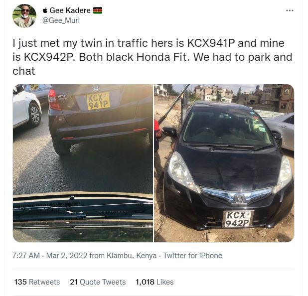 Gee kadere gee_muri just met my twin in traffic hers is kcx941p and mine is kcx9