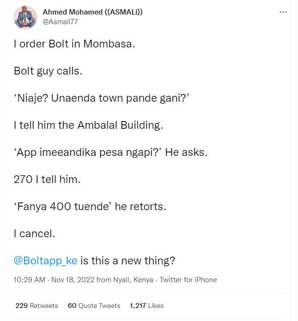 Ahmed mohamed asmali asmali77 order bolt in mombasa bolt guy calls 'niaje? unaen