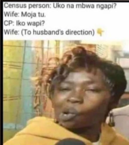Census person Uko na mbwia ngapi? Wife Moja tu CP Iko wapi? wite To husbonds dir