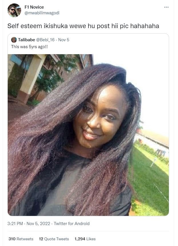 Fi novice mwabilimwagodi self esteem ikishuka wewe hu post hii pic hahahaha tali