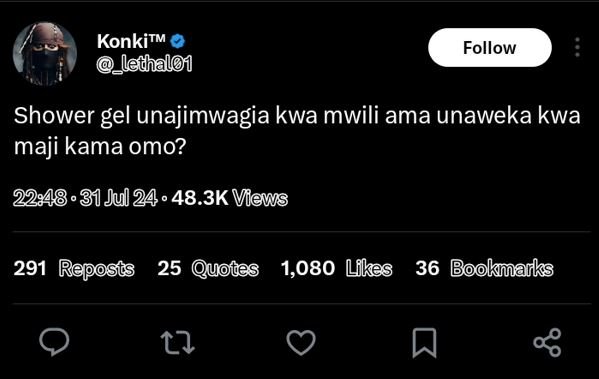 Konkitm ledhalo1 follow shower gel unajimwagia kwa mwili ama unaweka kwa maji ka