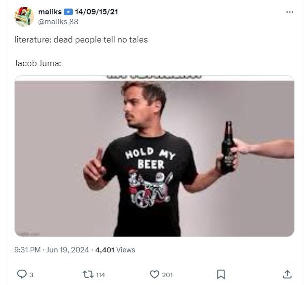 Maliks 14091521 maliks 88 literature dead people tell no tales jacob juma hold a