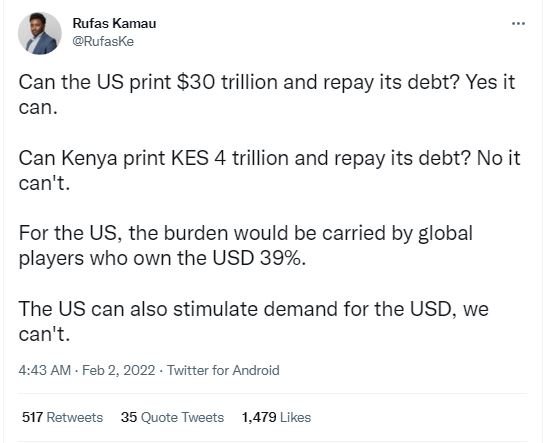 Rufas Kamau RufasKe Can the US print 30 trillion and repay its debt? Yes it can.
