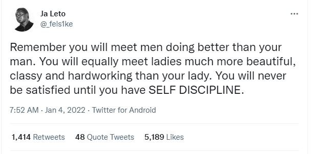 Ja Leto _felsíke Remember you will meet men doing better than your man. You will