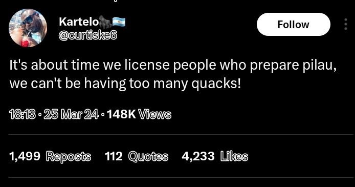 Kartelo cuntskec follow it's about time we license people who prepare pilau, we