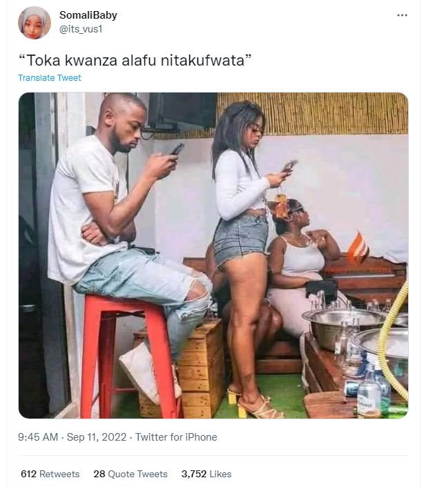 Somalibaby its_vusl toka kwanza alafu nitakufwata translate tweet 9.45 am . sep