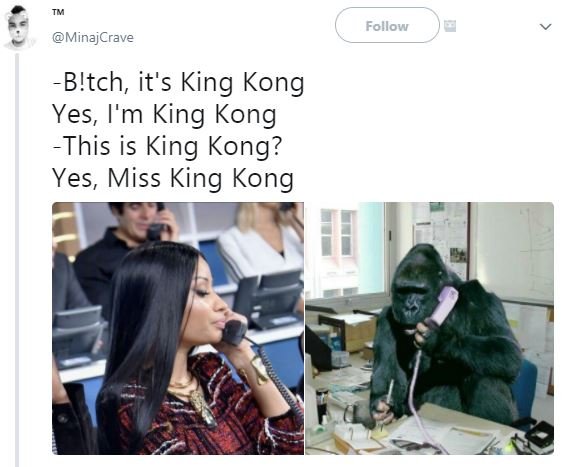 Follow minajcrave b!tch it's king kong yes, i'm king kong this is king kong? yes