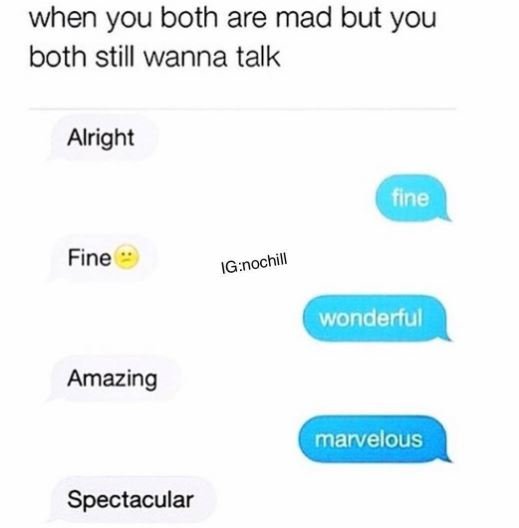 When you both are mad but you both still wanna talk alright flne fine wonderul a