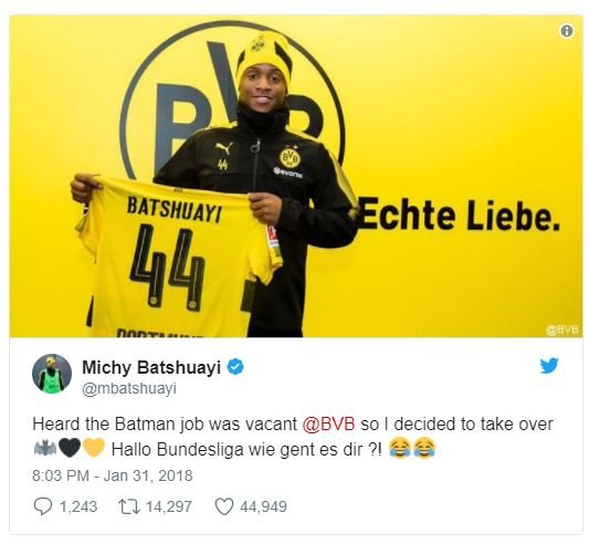 2 echte liebe. uve michy batshuayi mbatshuayi heard the batman job was vacant bv
