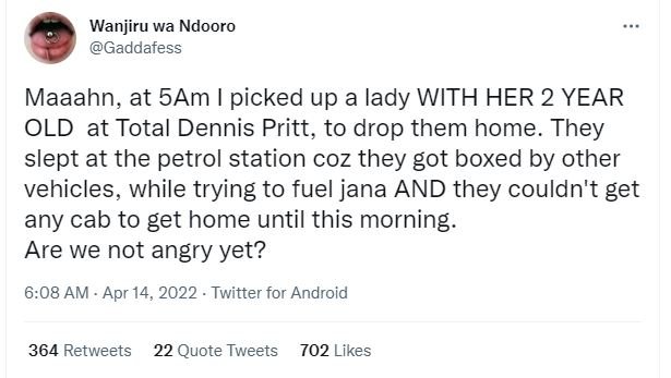 Wanjiru wa ndooro gaddafess maaahn, at 5am picked up a lady with her 2 year old