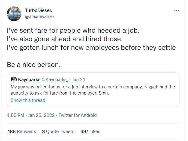 TurboDiesel. alexmwanzo I've sent fare for people who needed a job. I've also go