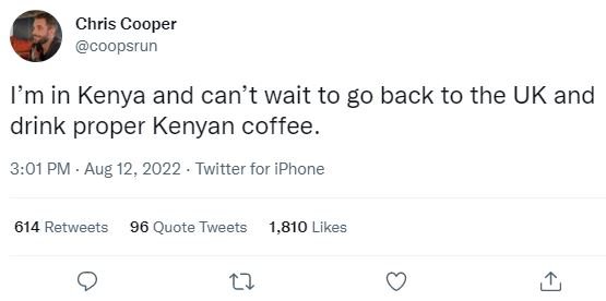 Chris cooper coopsrun fm in kenya and can't wait to g0 back to the uk and drink