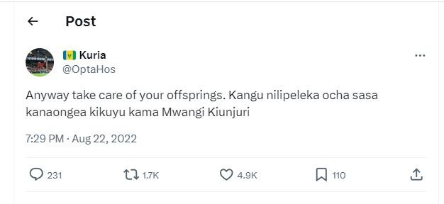 Post kuria optahos anyway take care of your offsprings. kangu nilipeleka ocha sa