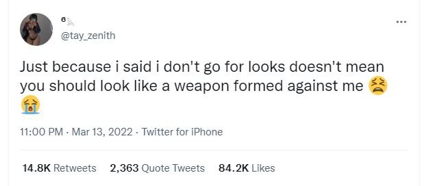 Tay_zenith just because i said i don't g0 for looks doesn't mean you should look