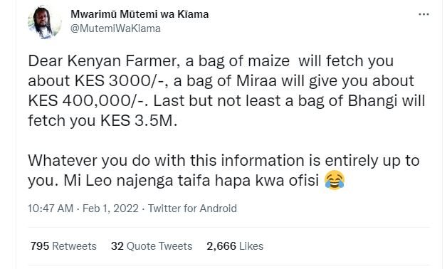 Mwarimu Mutemi wa Kiama MutemiWaKiama Dear Kenyan Farmer, bag of maize will fetc