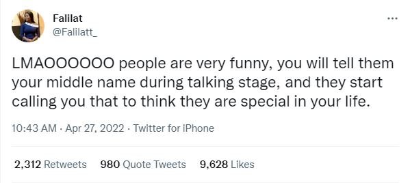 Falilat falilatt lmaoooooo people are very funny you will tell them your middle