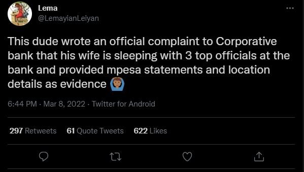 Lema LemayianLeiyan This dude wrote an official complaint to Corporative bank th