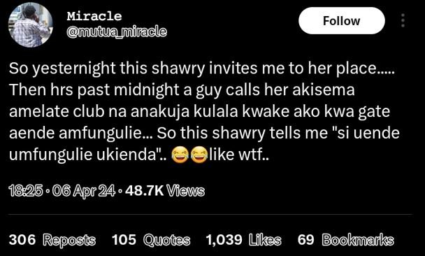 Miracle mutuamiracle follow so yesternight this shawry invites me to her place_