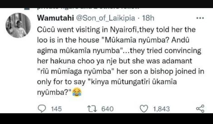 Wamutahi son_of_laikipia 18h c'c' went visiting in nyairofi they told her the lo
