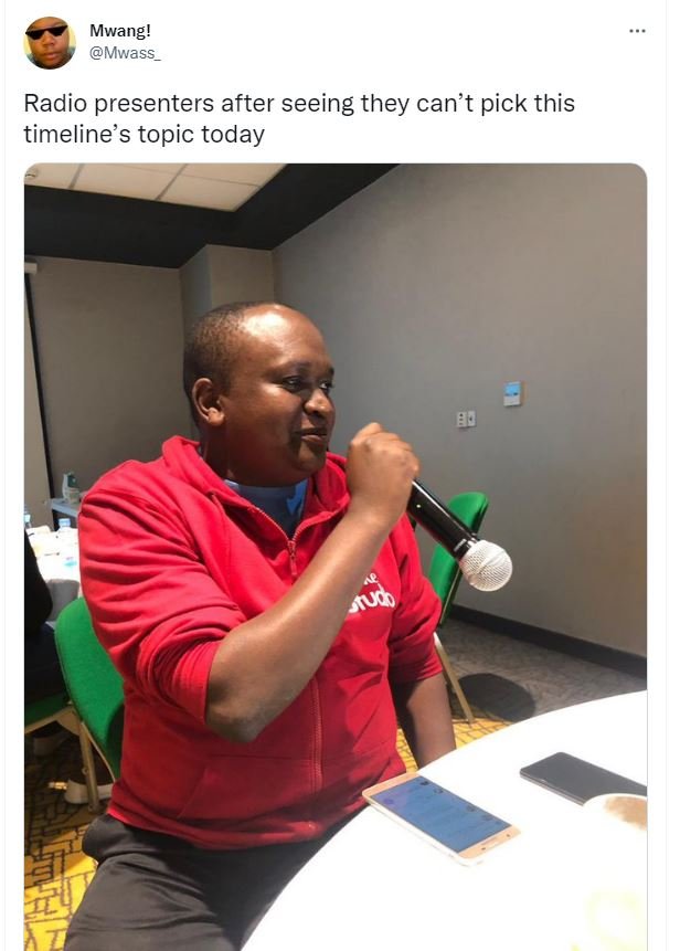 Mwang! Mwass Radio presenters after seeing they can't pick this timeline's topic